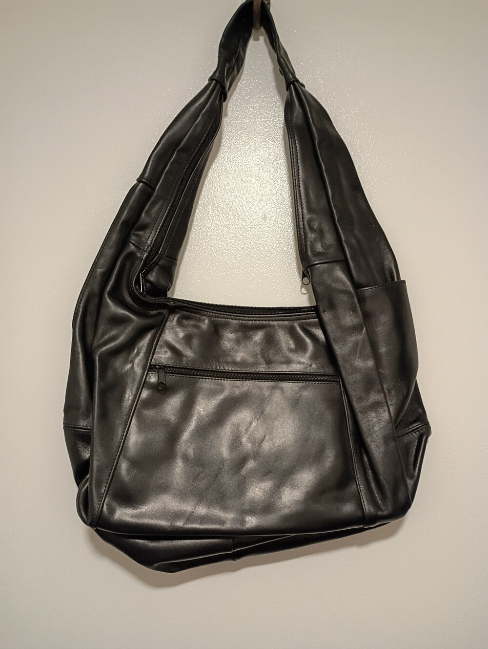 Genuine Black Leather Purse With Zippered Shoulder Strap